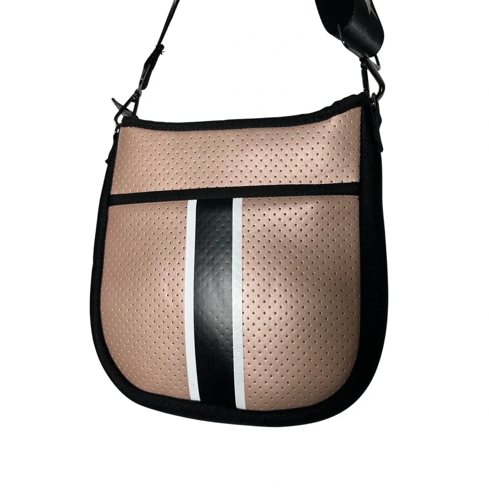 Haute Shore Greyson Neoprene Crossbody Bag Rose Gold Racing Stripe Star Strap